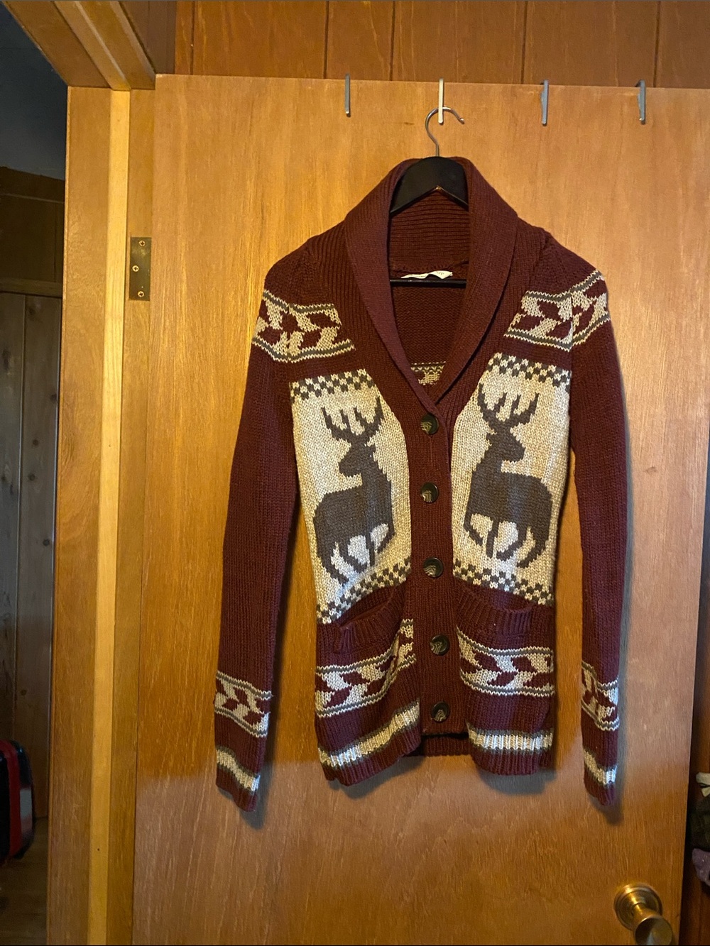 Bluenotes Maroon Shawl Collar Cardigan with Deer Intarsia